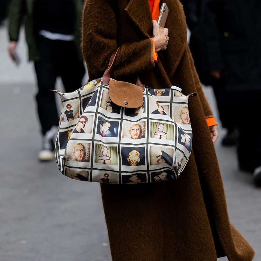 A model with a Longchamp bag at Paris fashion Week 2024